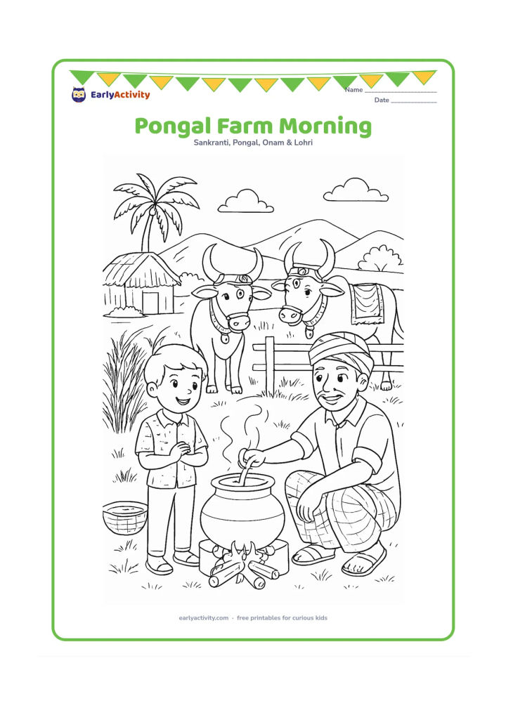 Colouring page: A farmer and child prepare a boiling Pongal pot beside a rice field at morning, while two decorated cattle stand near a wooden fence. Add palm trees, a thatched shed, baskets, and…