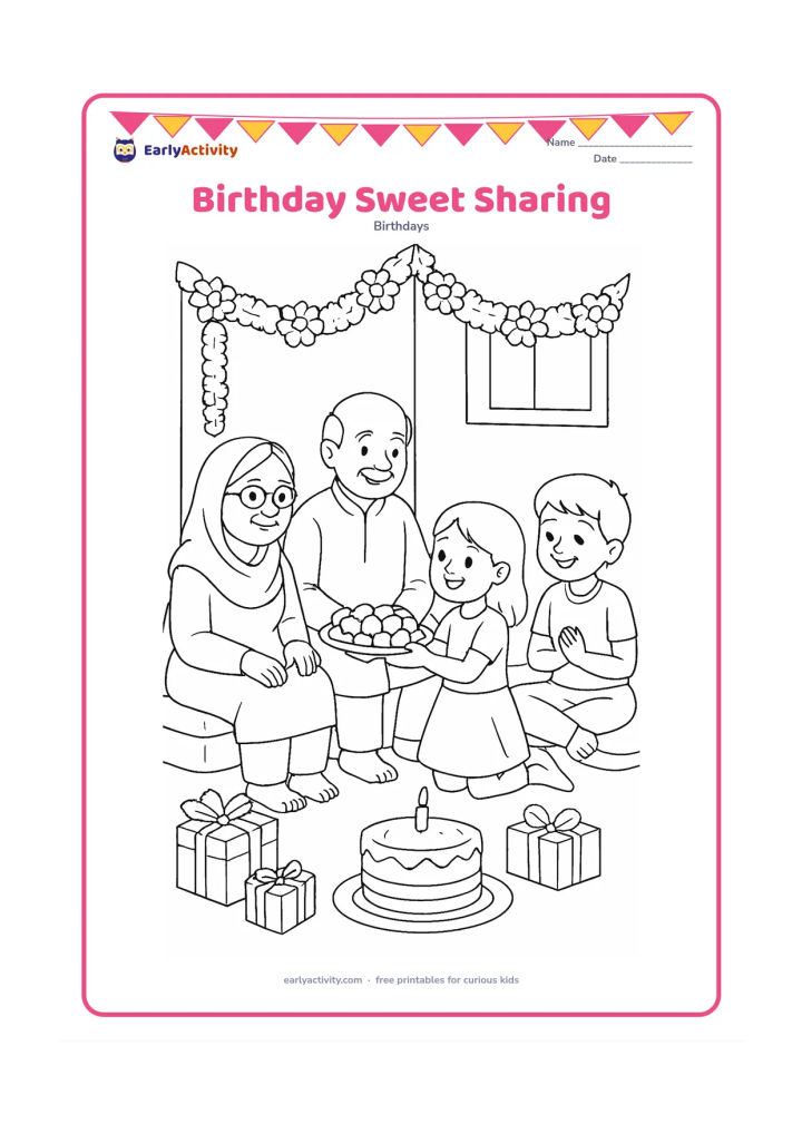 Colouring page: Children and grandparents sit together while a child offers a tray of traditional Indian sweets at a family birthday gathering. Include a cake, wrapped gifts, flower garlands, cushions,…