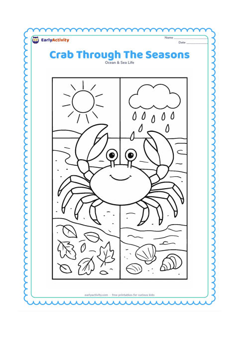 Colouring page: Create one large crab in the centre of a four-part natural scene showing seasonal shore changes: sunny summer sand, monsoon rain and puddles, autumn leaves near mangrove roots and a cool…