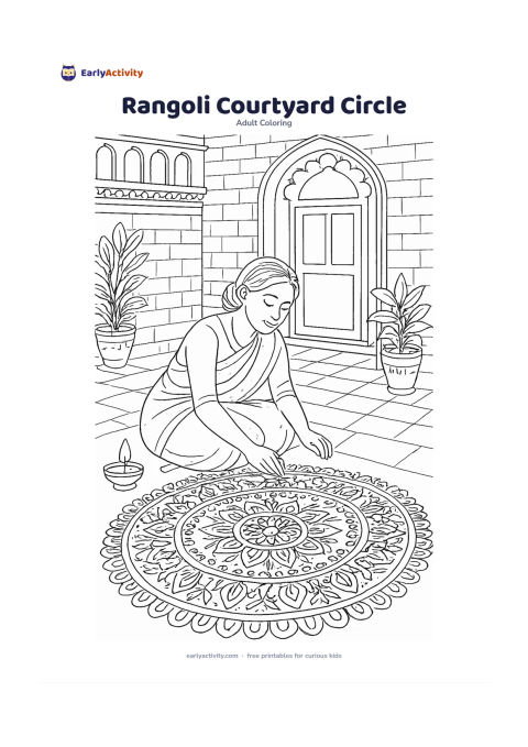 Colouring page: A person kneeling in an Indian courtyard and creating a large circular rangoli made from petals, dots, loops and geometric flower shapes. Add a clay lamp, potted plants and a doorway in…
