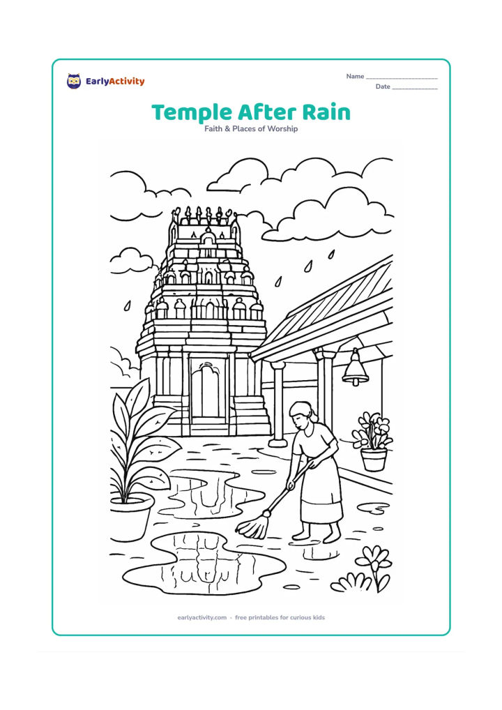 Colouring page: A temple exterior after monsoon rain, with water drops on broad leaves, puddles reflecting the entrance tower, a covered walkway, lamps and a person sweeping the courtyard. Include…
