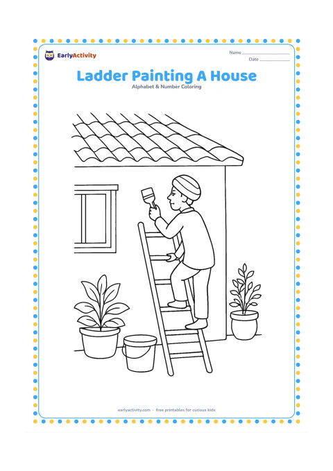 Colouring page: Draw a safely positioned ladder beside an Indian house while an adult paints a plain wall from a low rung. Include a bucket, brush, veranda plants and a tiled roof, with no writing on…