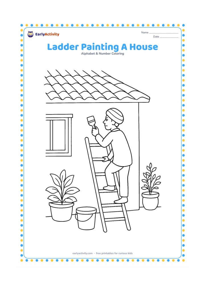 Colouring page: Draw a safely positioned ladder beside an Indian house while an adult paints a plain wall from a low rung. Include a bucket, brush, veranda plants and a tiled roof, with no writing on…
