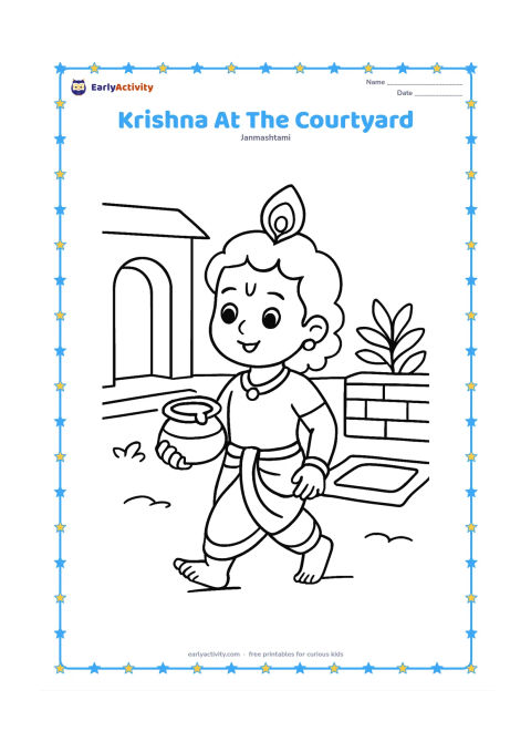 Colouring page: Draw child Krishna walking through a village courtyard while carrying a small butter pot. Include a doorway, a low wall, a leafy plant and a mat behind him.