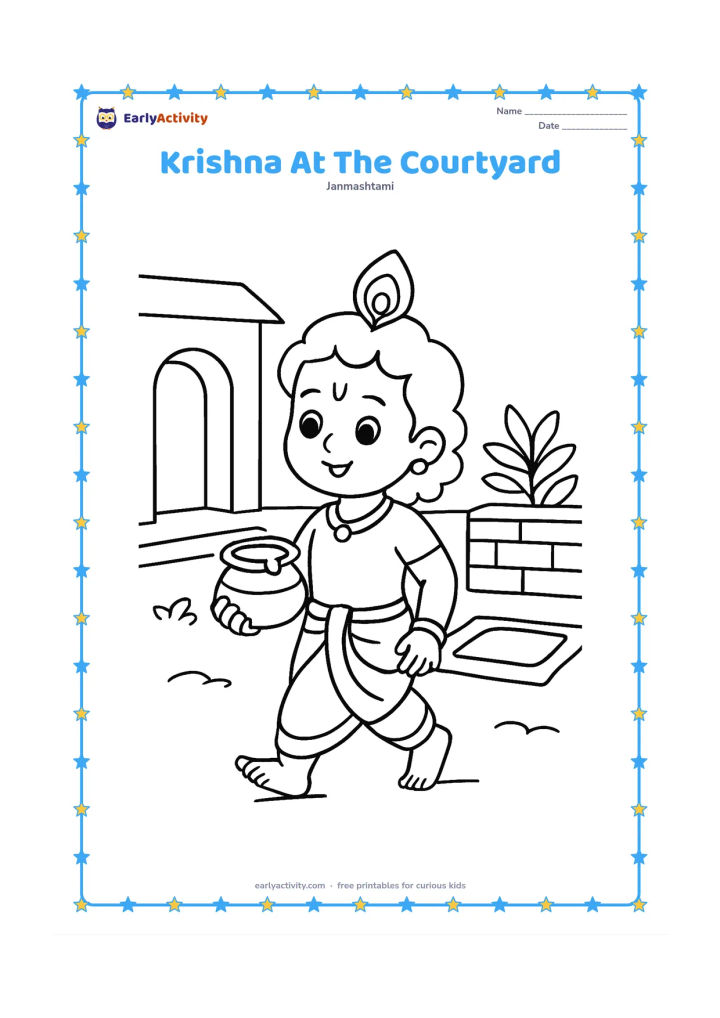 Colouring page: Draw child Krishna walking through a village courtyard while carrying a small butter pot. Include a doorway, a low wall, a leafy plant and a mat behind him.