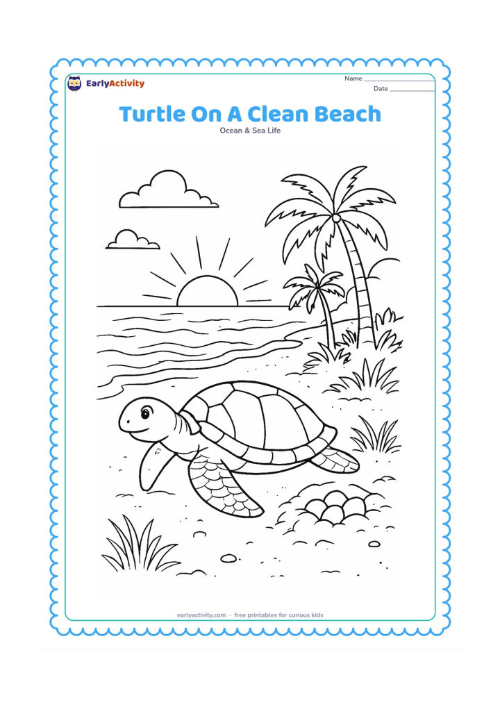 Colouring page: Draw a sea turtle returning to the sea on a clean Indian beach, with a protected nest area shown by natural dune plants, coconut palms, sunrise, and distant waves.