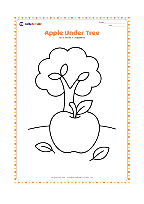 Colouring page: Draw one large apple on the grass beneath a simple apple tree with a thick trunk and a few rounded leaves. Include one or two fallen leaves.