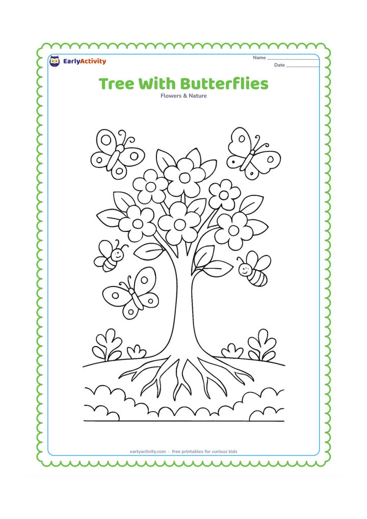 Colouring page: Draw a flowering tree with butterflies around the crown, two bees near blossoms, exposed roots at the soil edge, and a small garden border below. Include a few large leaves with simple…