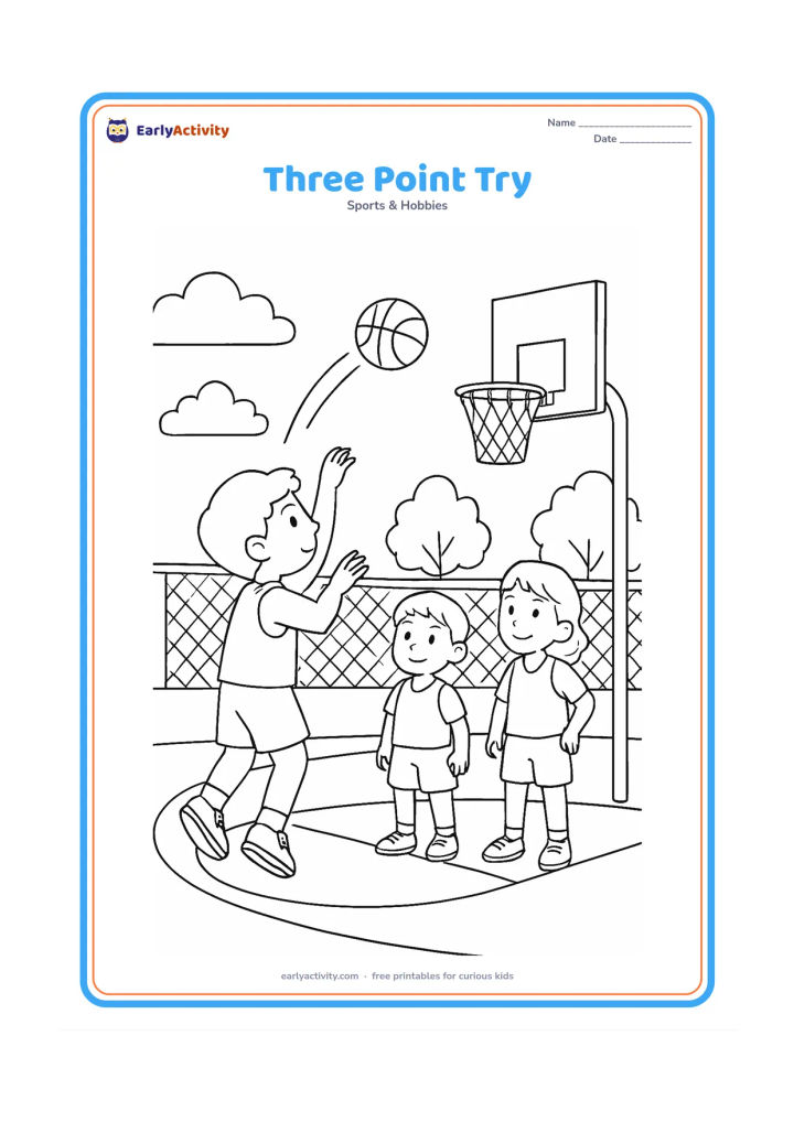 Colouring page: A player takes a long-distance shot from outside a clearly visible curved arc, with the ball travelling toward a hoop, two teammates watching, and an outdoor court behind them. Do not…