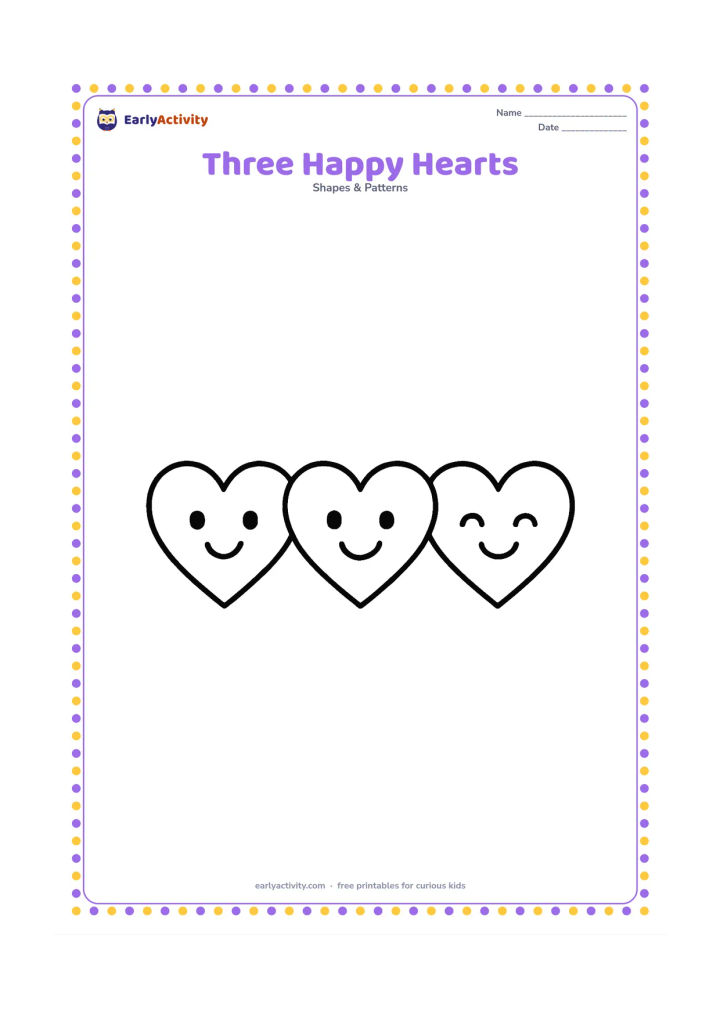 Colouring page: Show three large hearts in a row, each with a different friendly face made from simple eyes and a smile.