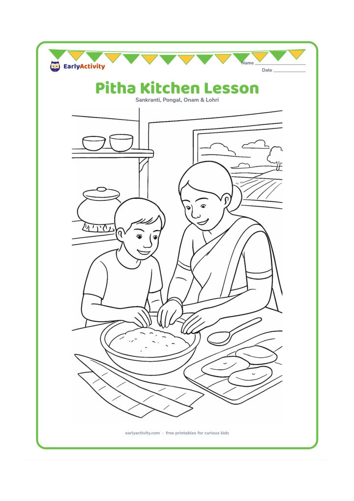 Colouring page: Draw an older child learning to make pitha with a family member in an Assamese kitchen. Show a large bowl of rice flour, banana leaves, shaped pitha, a clay cooking pot, utensils,…