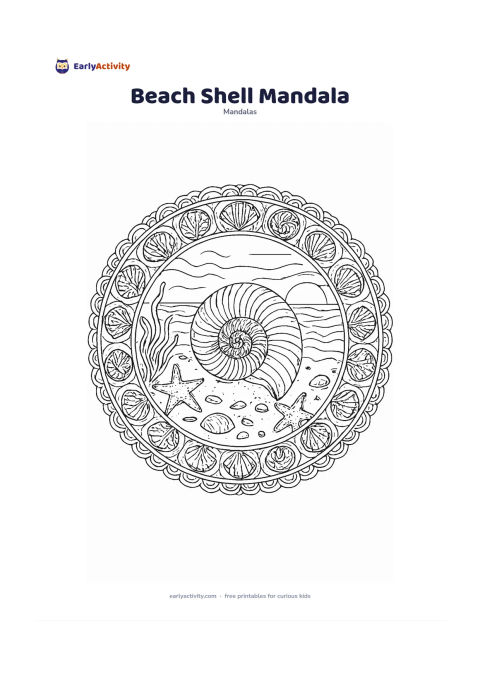 Colouring page: Create a circular mandala with a central spiral seashell on a sandy beach, surrounded by starfish, smooth stones, seaweed and gentle wave curves. Use repeating shells and scalloped…