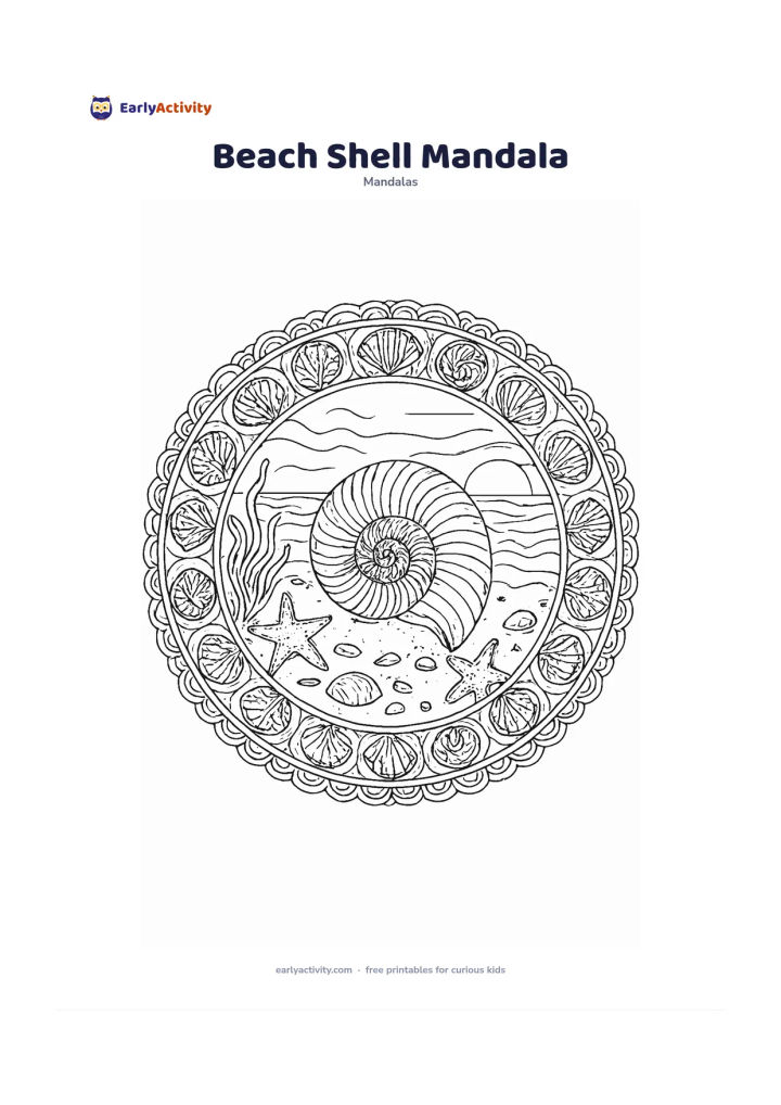 Colouring page: Create a circular mandala with a central spiral seashell on a sandy beach, surrounded by starfish, smooth stones, seaweed and gentle wave curves. Use repeating shells and scalloped…