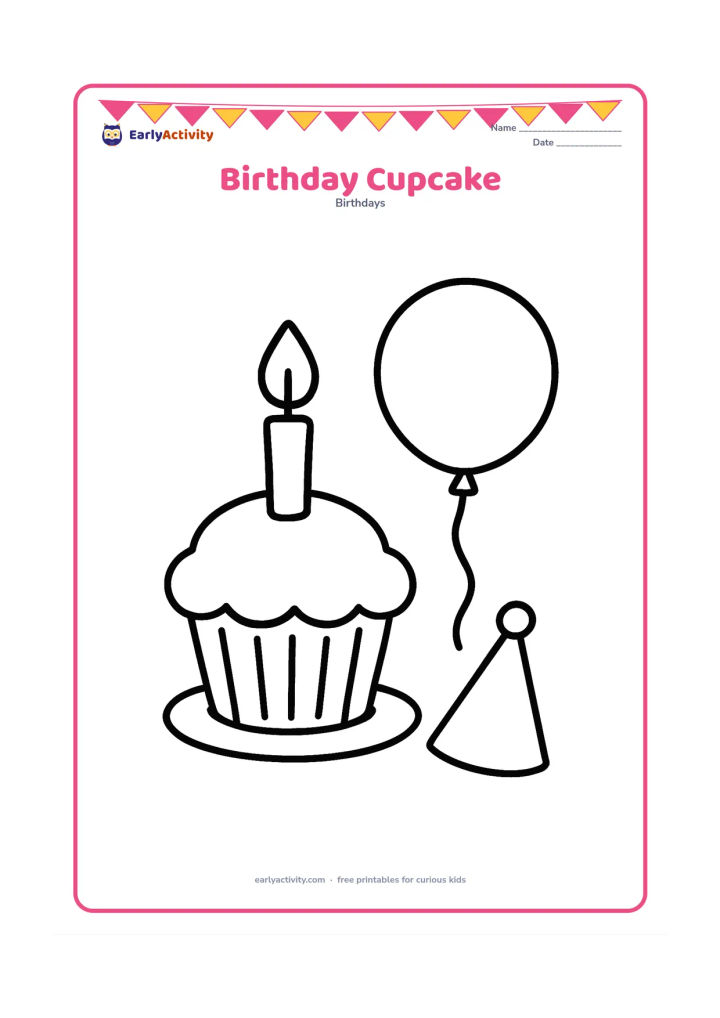 Colouring page: A single oversized cupcake with a candle stands on a saucer beside a large round balloon and a tiny party hat. Keep the background almost empty.