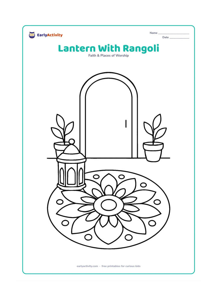 Colouring page: A decorative lantern stands beside a large circular rangoli with symmetrical geometric petals and dots on a home entrance floor. Add a doorway and two simple potted plants behind it.