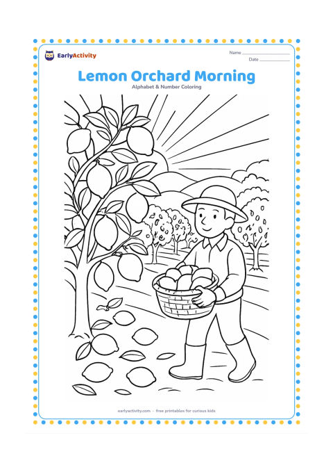 Colouring page: Draw a lemon orchard at morning with a farmer carrying a woven basket beneath a fruit-laden tree. Include rows of trees, fallen lemons, leafy branches, distant hills and soft sun rays…