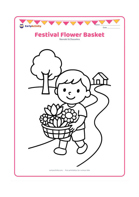 Colouring page: A smiling child carries a wide basket filled with large lotus and marigold flowers on the way to a Puja gathering. Include a simple path, one tree, and a small house in the distance.