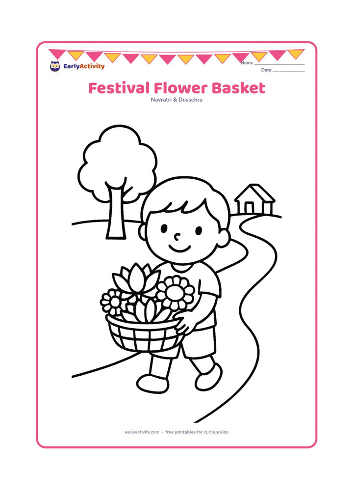 Colouring page: A smiling child carries a wide basket filled with large lotus and marigold flowers on the way to a Puja gathering. Include a simple path, one tree, and a small house in the distance.