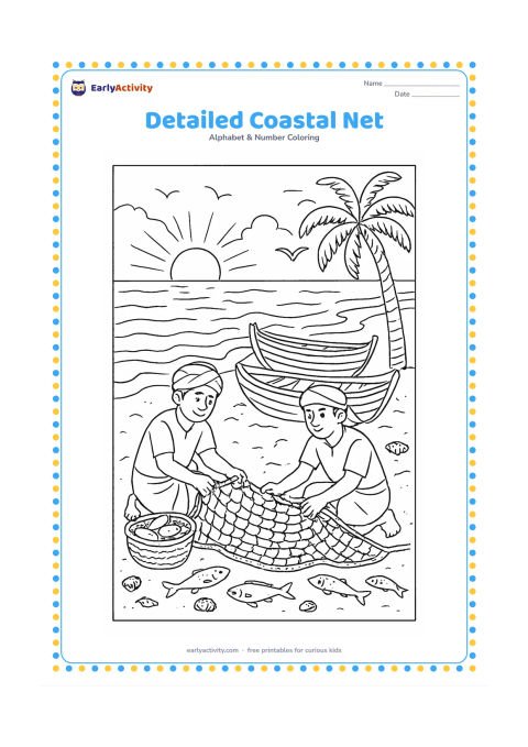Colouring page: Draw a coastal Indian fishing scene at dawn with two fishers sorting a large net beside wooden boats. Include baskets, several fish, seashells, palm trees, gentle waves, and birds in the…