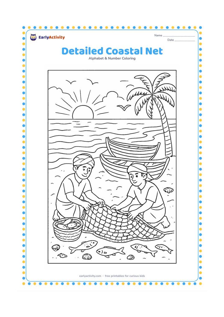 Colouring page: Draw a coastal Indian fishing scene at dawn with two fishers sorting a large net beside wooden boats. Include baskets, several fish, seashells, palm trees, gentle waves, and birds in the…