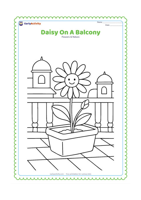 Colouring page: Draw a daisy growing in a rectangular planter on an Indian-style home balcony, with a simple railing, tiled floor and distant rounded rooftops. Add two leaves and a second small flower bud.