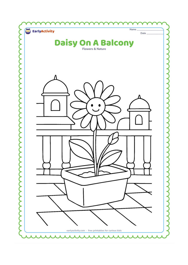Colouring page: Draw a daisy growing in a rectangular planter on an Indian-style home balcony, with a simple railing, tiled floor and distant rounded rooftops. Add two leaves and a second small flower bud.