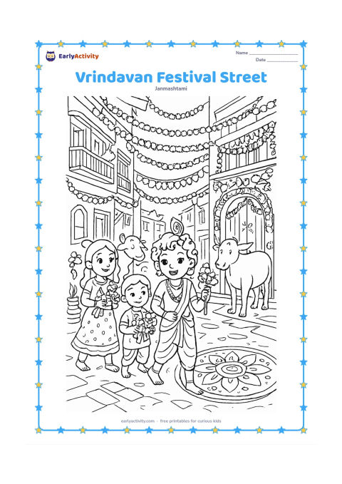 Colouring page: Draw a lively Vrindavan lane during a daytime celebration, with Krishna and friends carrying flowers and a flute, cows near a decorated doorway, hanging garlands, balconies, and a large…