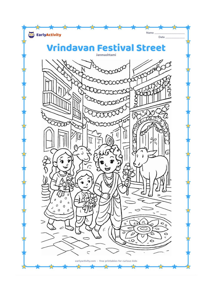 Colouring page: Draw a lively Vrindavan lane during a daytime celebration, with Krishna and friends carrying flowers and a flute, cows near a decorated doorway, hanging garlands, balconies, and a large…