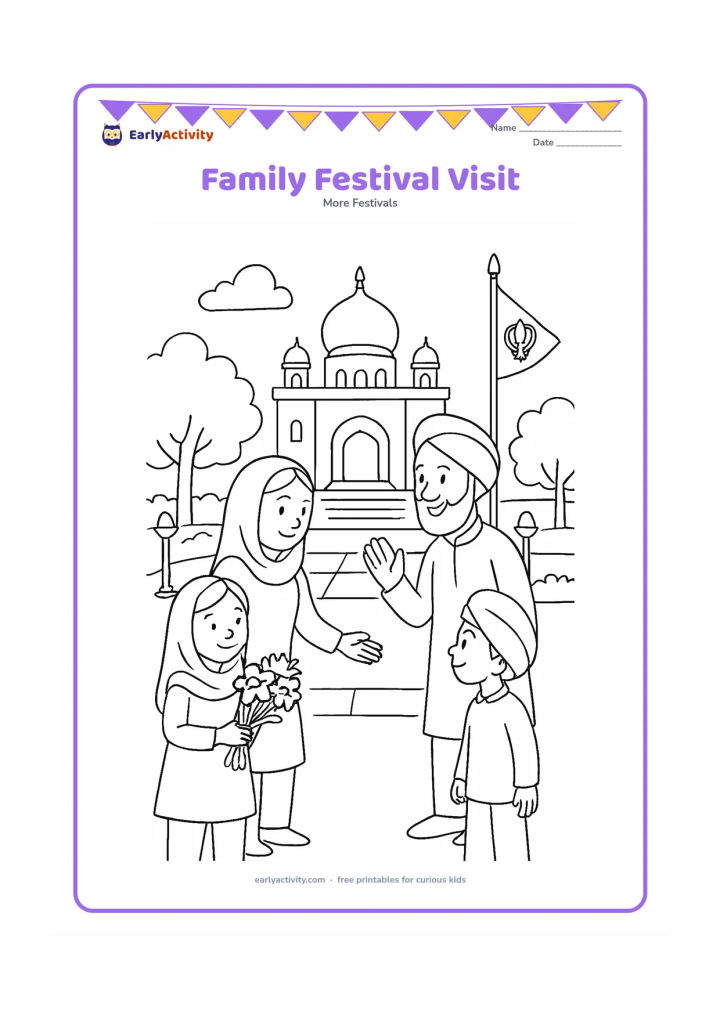 Colouring page: Draw a family of four visiting a gurdwara courtyard at festival time, with one child carrying flowers, another looking at the Nishan Sahib and an adult greeting a volunteer. Include…