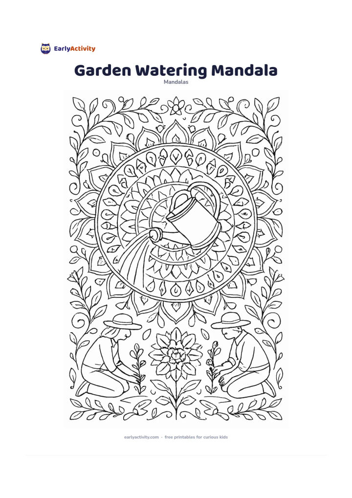 Colouring page: Build a circular mandala around a watering can pouring onto a central flower bed, with repeating petals, droplets, garden tools, vines and small leaves. Add two gardeners kneeling in…