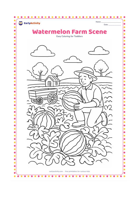 Colouring page: Draw a watermelon field with several large striped melons among broad vines and leaves. Show a farmer examining one melon, a wooden cart, a small shed and distant trees under an open sky.