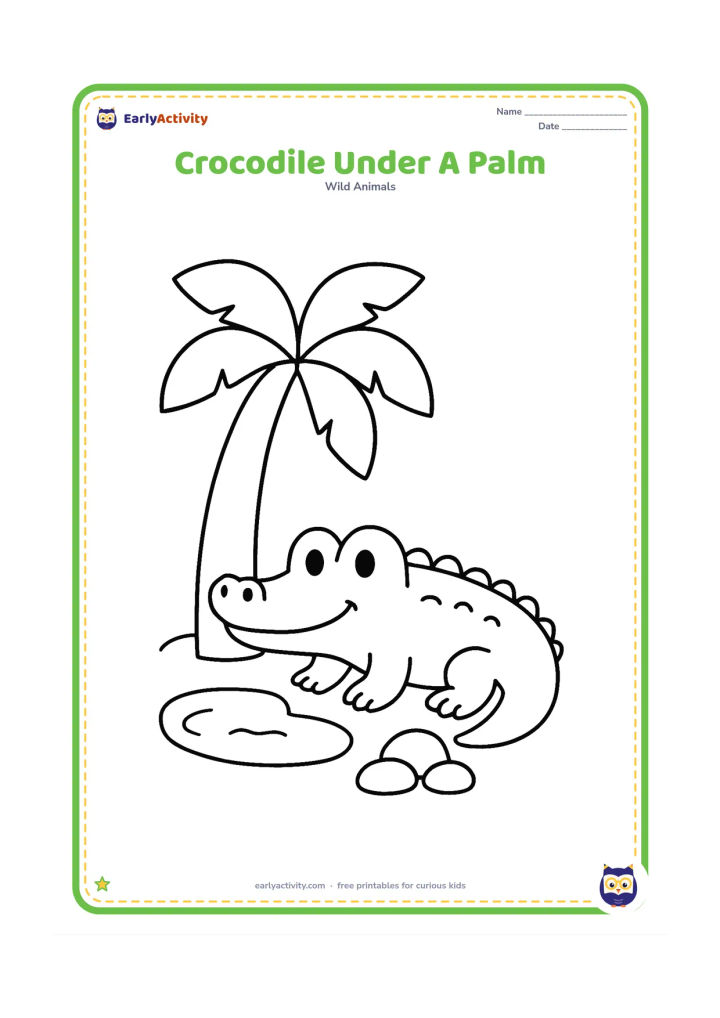 Colouring page: Draw a crocodile resting under one large palm tree beside a small pool. Include a broad tree trunk, oversized leaves, and three smooth stones.