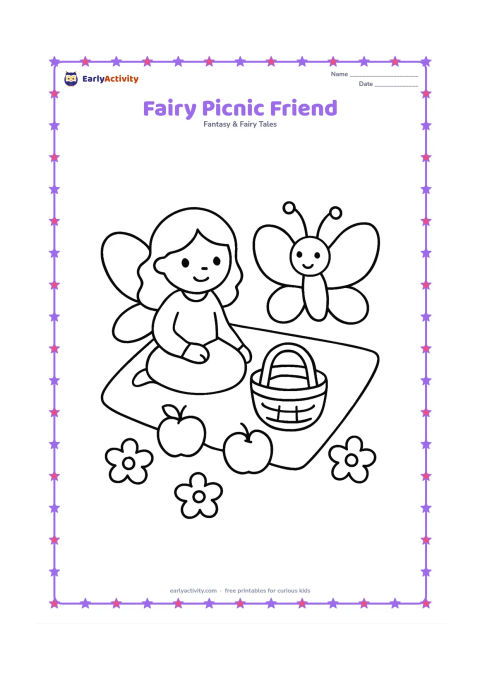 Colouring page: A seated fairy shares a picnic cloth with a large butterfly beside her. Place one round basket, two apples and three simple flowers around them.