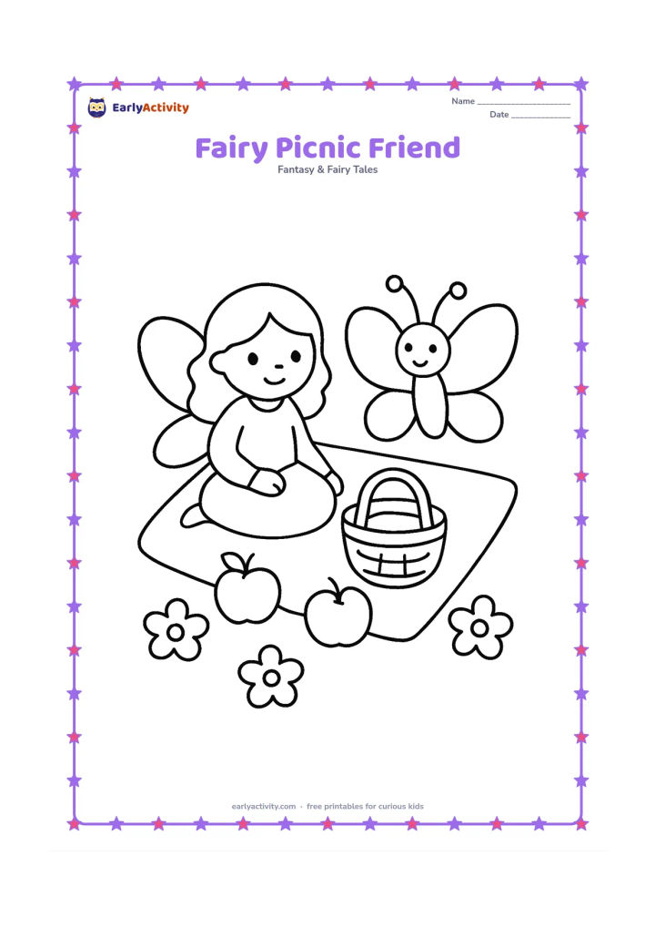 Colouring page: A seated fairy shares a picnic cloth with a large butterfly beside her. Place one round basket, two apples and three simple flowers around them.
