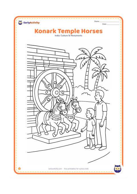 Colouring page: Show the Konark Sun Temple chariot wall with a large stone wheel and two carved stone horses pulling forward. Place the scene beside a path with a child and an adult viewing the…