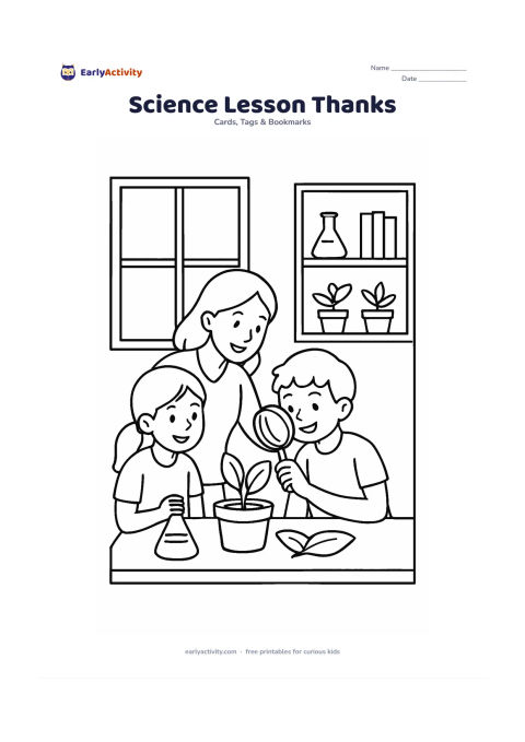 Worksheet: A teacher and two children examine a safe tabletop plant experiment with a magnifying glass, beaker and leaves, while a blank writing panel fills one side of the card. Include a window,…