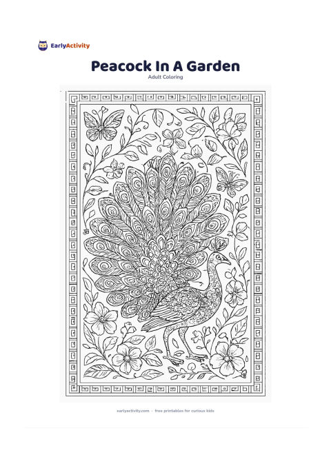 Colouring page: Draw a full peacock standing with its tail spread among flowering plants, curling vines, leaves, and small butterflies. Frame the scene with a broad geometric border and leave the bird's…