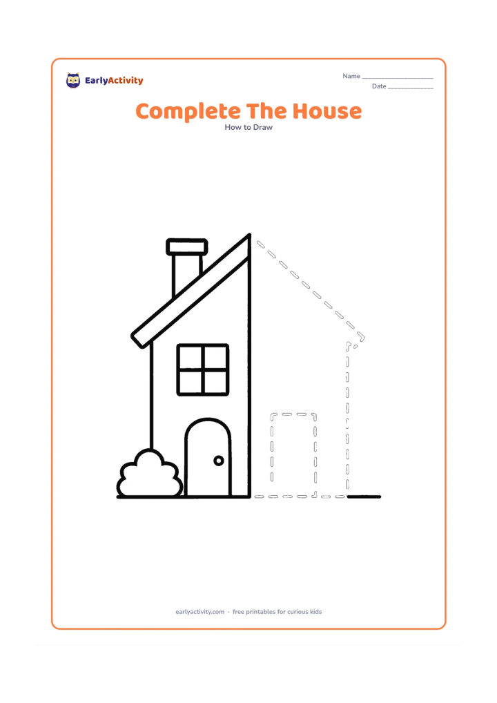 Worksheet: Draw a house with the left half complete and the right half lightly indicated with incomplete outlines, inviting the child to finish the matching roof edge, wall, window and door side.…