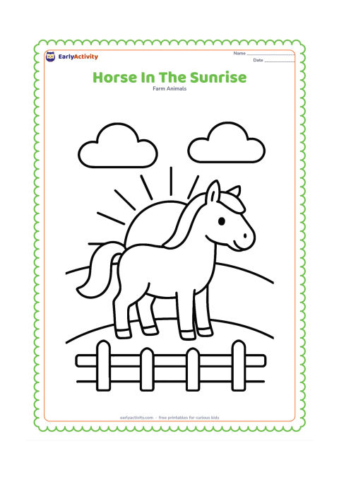 Colouring page: A horse stands on a gentle hill as the sun rises behind it, with two large clouds and a simple fence in the foreground. The horse faces right with its tail lifted slightly.