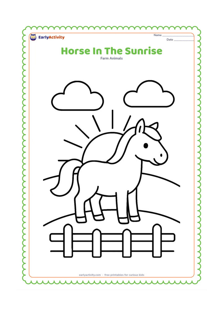 Colouring page: A horse stands on a gentle hill as the sun rises behind it, with two large clouds and a simple fence in the foreground. The horse faces right with its tail lifted slightly.