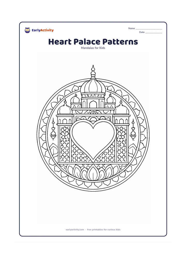 Colouring page: Draw a detailed Indian-inspired architectural mandala with a central heart-shaped arch, repeating domes, jali-like geometric panels, lotus borders, and small hanging lamps. Keep all…