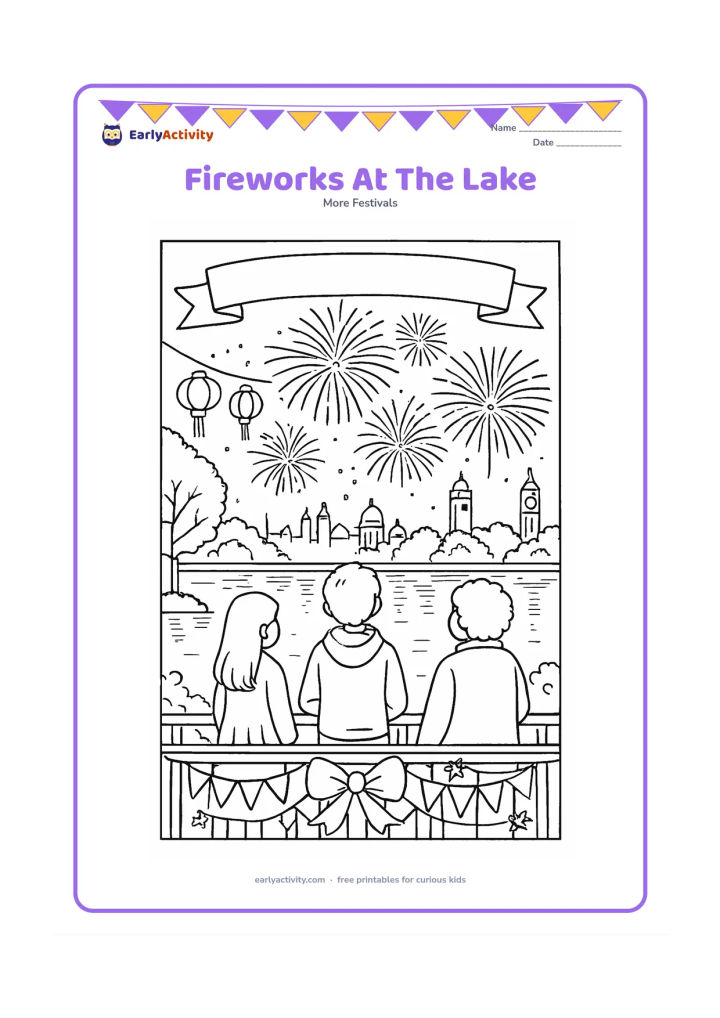 Colouring page: At a calm lakeside New Year gathering, older children and a grandparent watch several large fireworks reflected in the water while standing near a decorated viewing platform. Include a…
