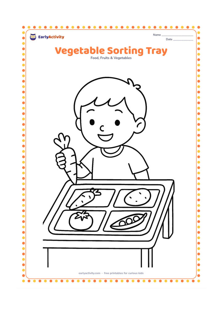 Colouring page: Draw a child placing a carrot, potato, tomato, and pea pod into separate open sections of a tray. Add a small home table and leave every section empty of labels or writing.