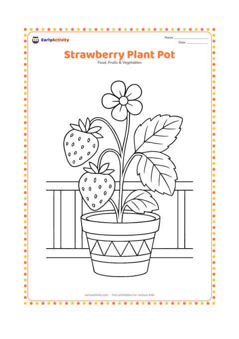 Colouring page: Draw a strawberry plant growing from a decorated flowerpot, with two ripe fruits, one flower, broad leaves, and a small balcony railing behind it.