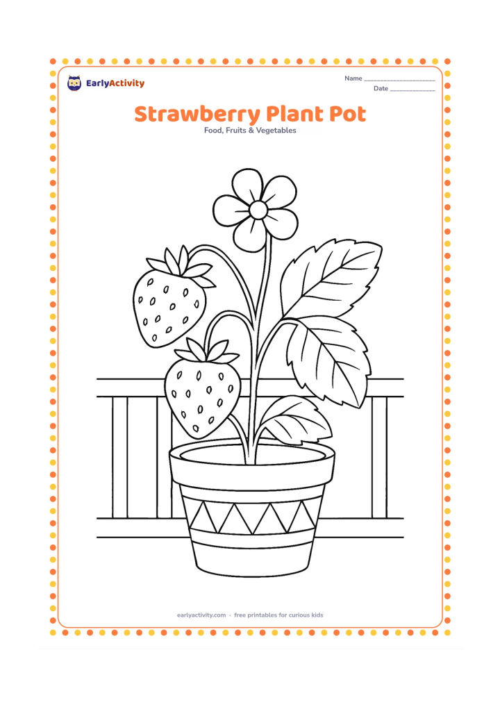 Colouring page: Draw a strawberry plant growing from a decorated flowerpot, with two ripe fruits, one flower, broad leaves, and a small balcony railing behind it.