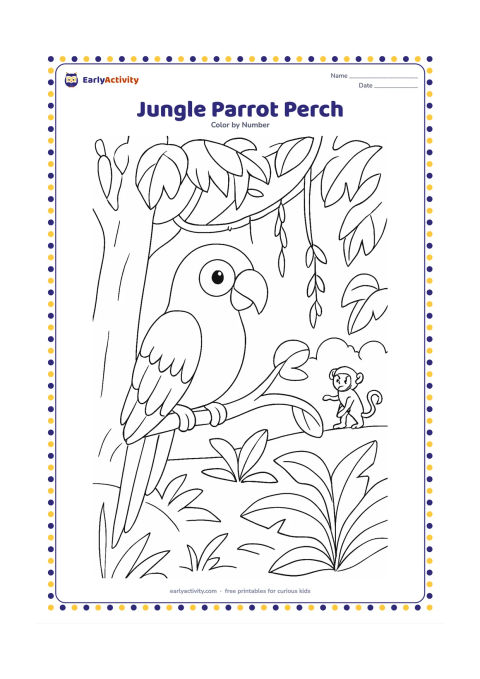 Colouring page: Draw a parrot perched on a curved branch beside a leafy jungle tree. Add hanging vines, broad tropical leaves, a small monkey in the distance, and a forest floor.