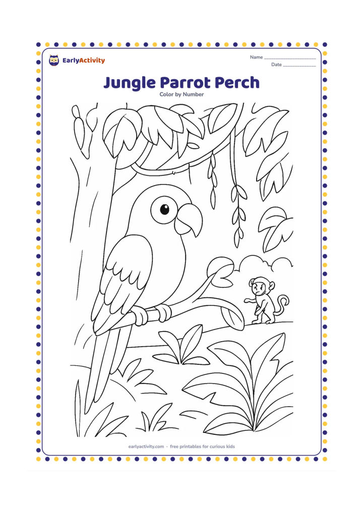 Colouring page: Draw a parrot perched on a curved branch beside a leafy jungle tree. Add hanging vines, broad tropical leaves, a small monkey in the distance, and a forest floor.