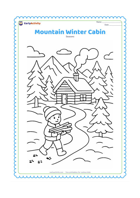 Colouring page: A snow-covered cabin sits among tall pine trees and mountain peaks, with smoke rising from its chimney. A child in a coat carries firewood along a winding path, while animal tracks cross…