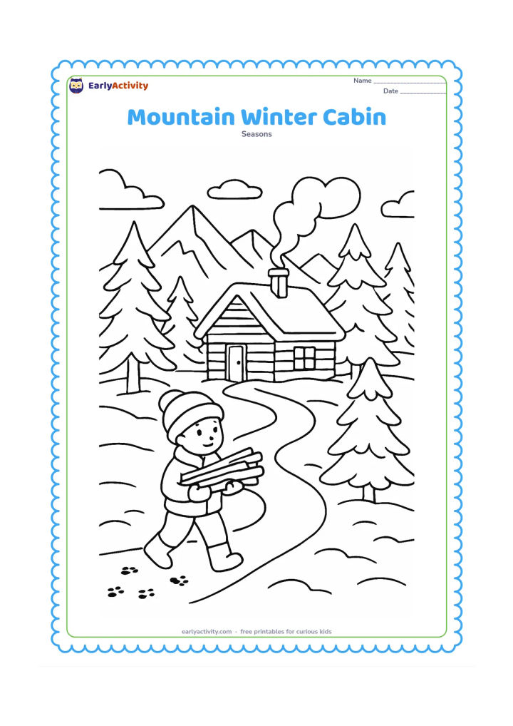 Colouring page: A snow-covered cabin sits among tall pine trees and mountain peaks, with smoke rising from its chimney. A child in a coat carries firewood along a winding path, while animal tracks cross…