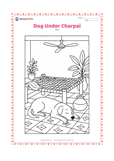 Colouring page: Draw a relaxed dog resting in the shade beneath a woven charpai on a warm afternoon veranda. Add a clay pot, a ceiling fan, potted plants, a folded cloth, and patterned floor tiles.